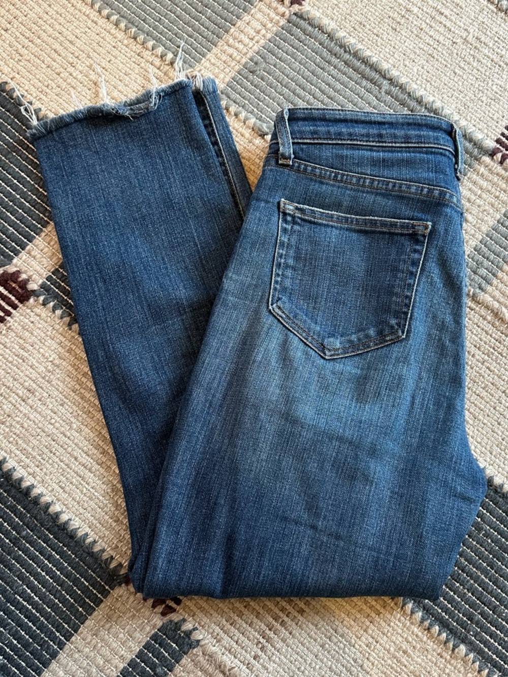 L’Agence Ankle Distressed Blue Denim Jeans with Knee Rips